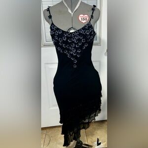 Sue Wong Black Asymmetrical Floral-Appliqué Slip Dress